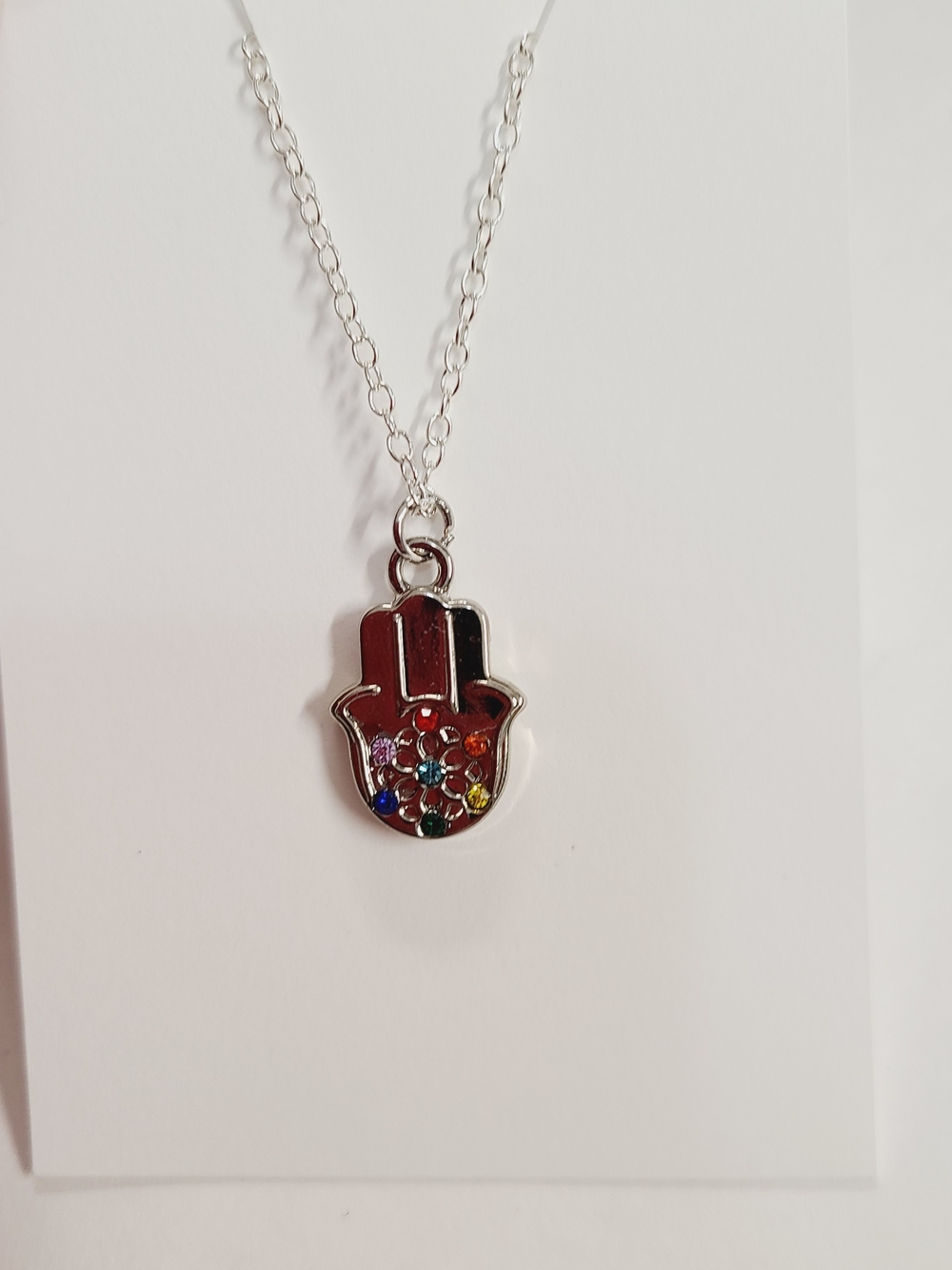 Silver Hamsa Hand Necklace with Multicolor Stones